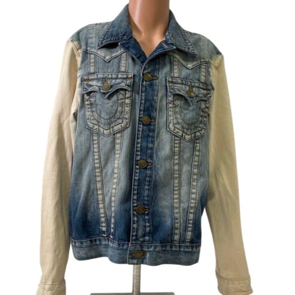 True Religion Jimmy Slim Fit Trucker Denim Jacket Bleached L  Mens  RV10314